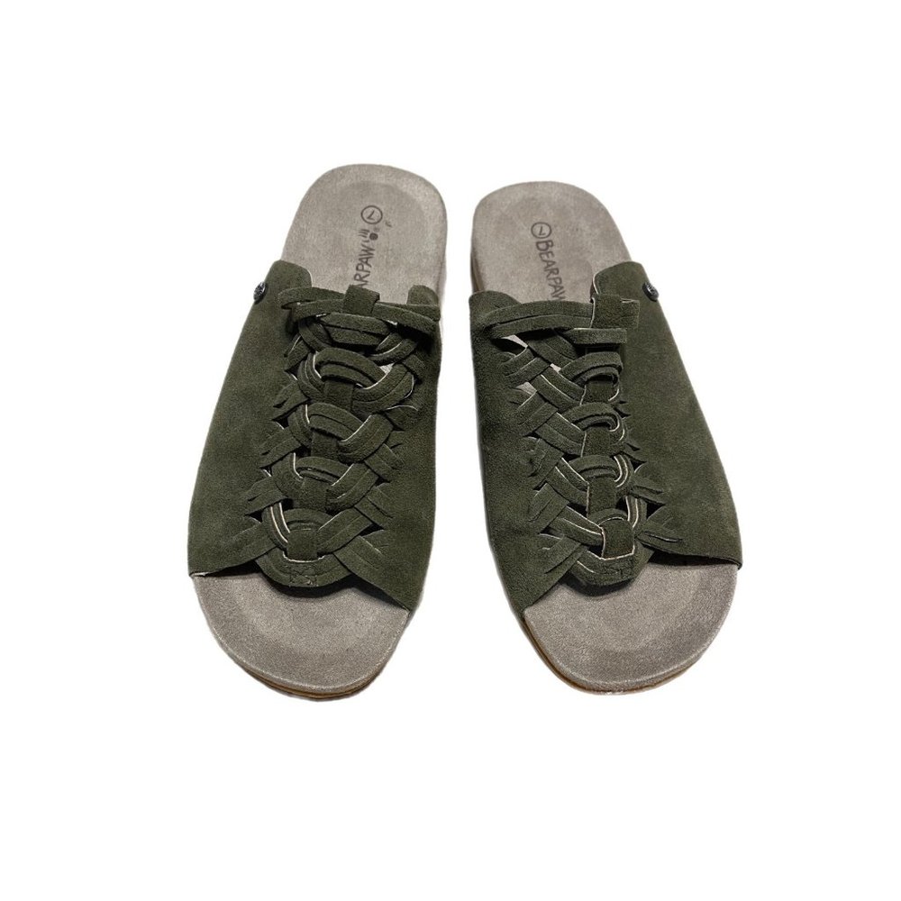 Bear Paw Women's Olive Cow Suede Slip On Sandals Size 7